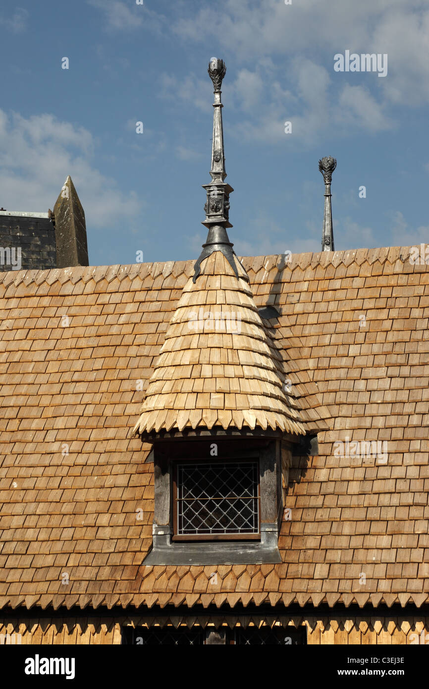 Roof Detail Showing Wooden Shingles and Decoration on a Building within the Walls of Mont St Michel Normany France Stock Photo