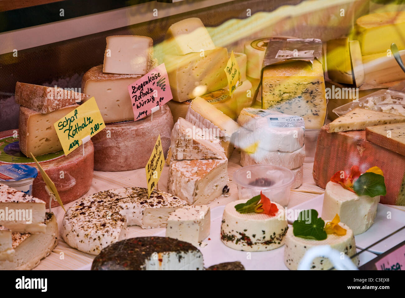 Cheeses on sale in a Salzburg Austria market Stock Photo