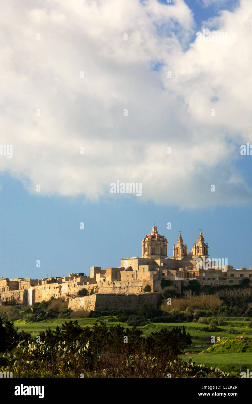 Skyline of Mdina in Malta featuring the beautiful Cathedral of St. Paul Stock Photo