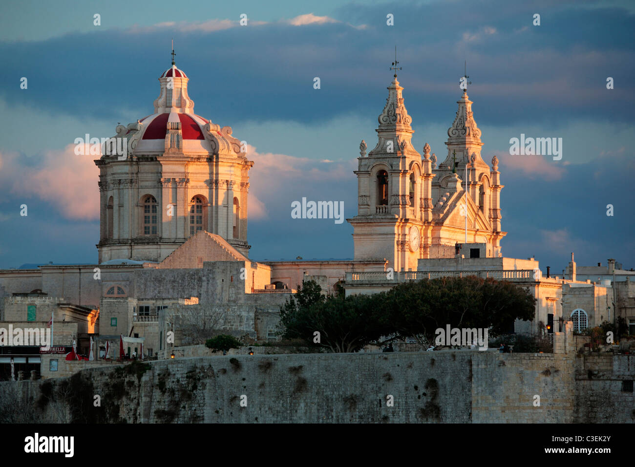 Skyline of Mdina in Malta featuring the beautiful Cathedral of St. Paul Stock Photo