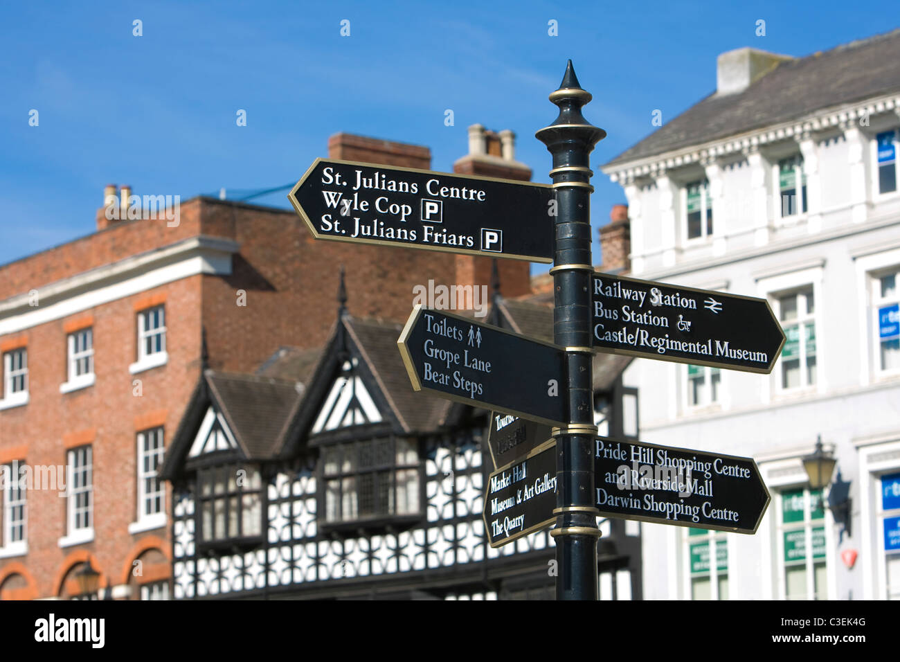 Shrewsbury town centre Close up of oldstyle signpost near The Square