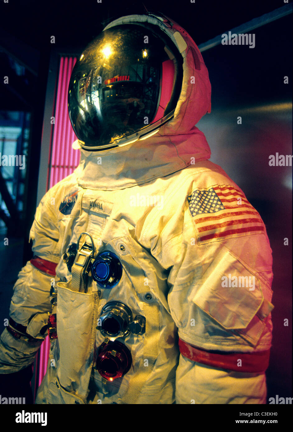 Astronaut suit worn by Jim Lovell at the Kennedy Space Center Centre at Cape Canaveral. Stock Photo