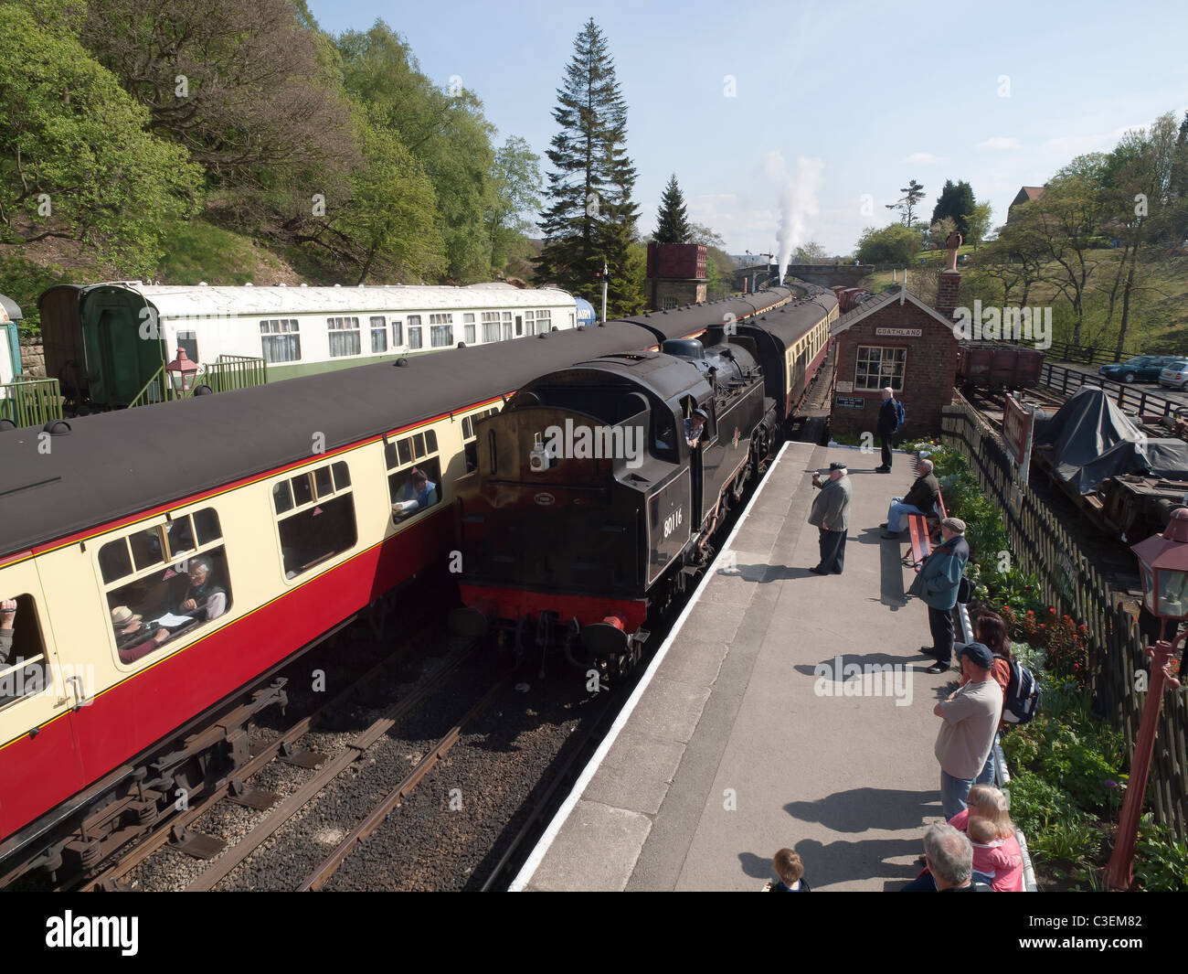 Train arriving at the North Yorkshire Moors Railway Goathland station on 175th anniversary of the Whitby - Pickering railway Stock Photo