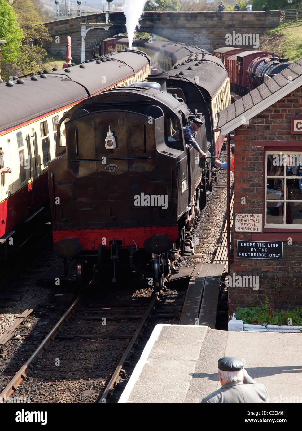 Train arriving at the North Yorkshire Moors Railway Goathland station on 175th anniversary of the Whitby - Pickering railway Stock Photo