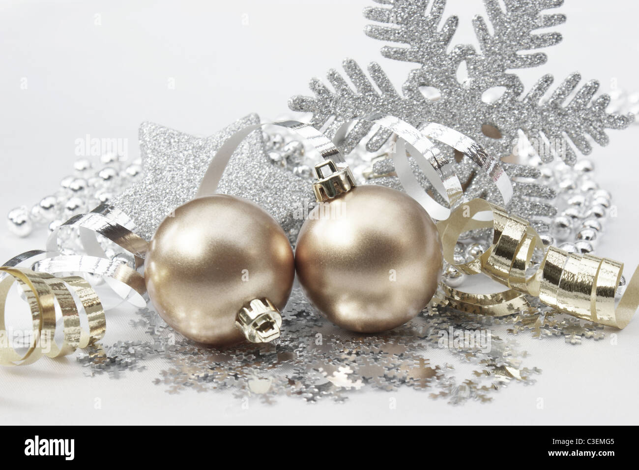 Christmas background with decorations in gold and silver Stock Photo