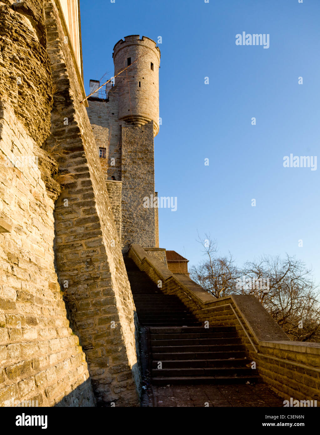 Capital of Estonia, Tallinn is famous for its World Heritage old town walls and cobbled streets. The old town is surrounded by stone walls and battlements Stock Photo