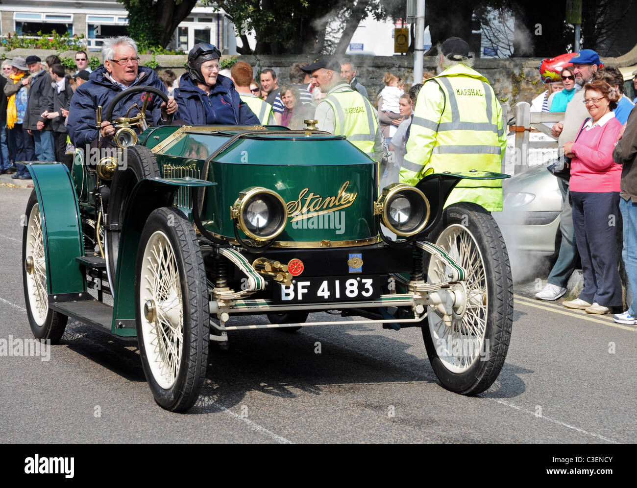 A Vintage ' Stanley ' Steam car in the Annual Trevithick Day steam parade at Camborne in Cornwall UK Stock Photo