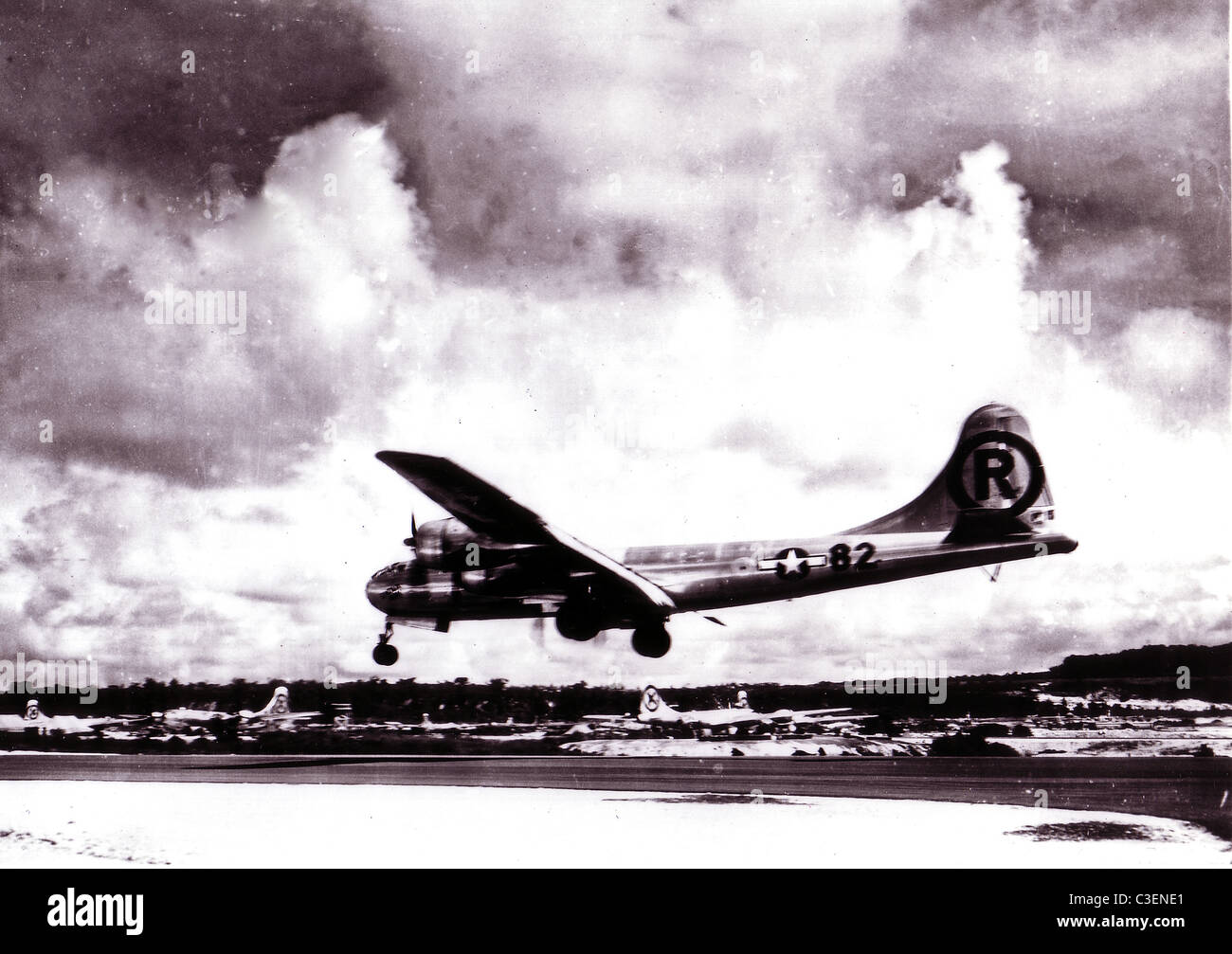 Boeing B-29 Superfortress 'Enola Gay' landing after the atomic bombing mission on Hiroshima, Japan. Stock Photo