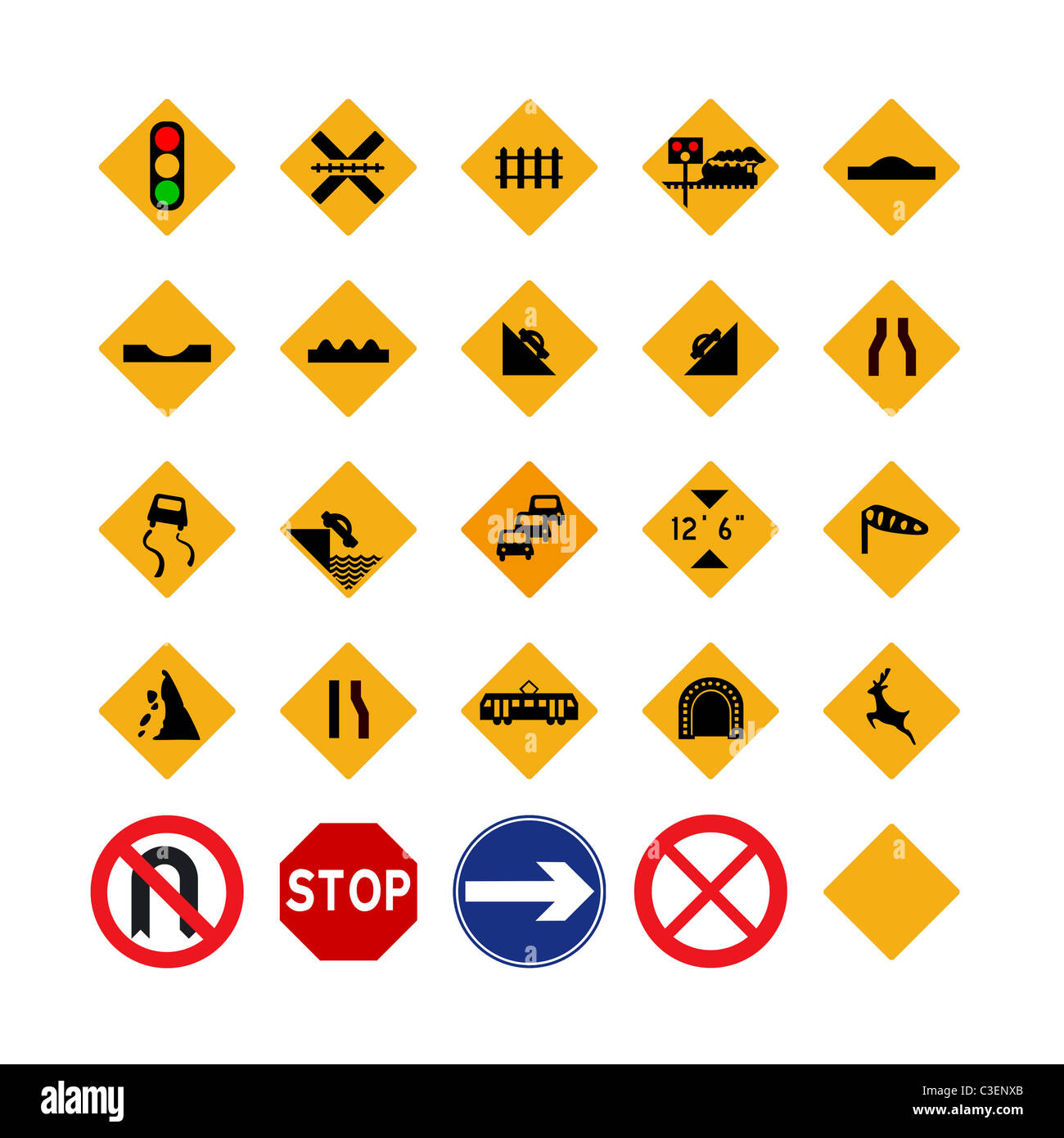 Illustrated set of amber traffic signs; isolated on white background Stock Photo