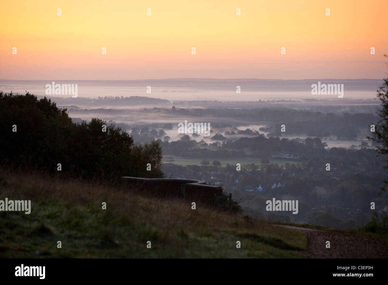 Box  Hill Surrey viewpoint sunrise over misty valley Stock Photo