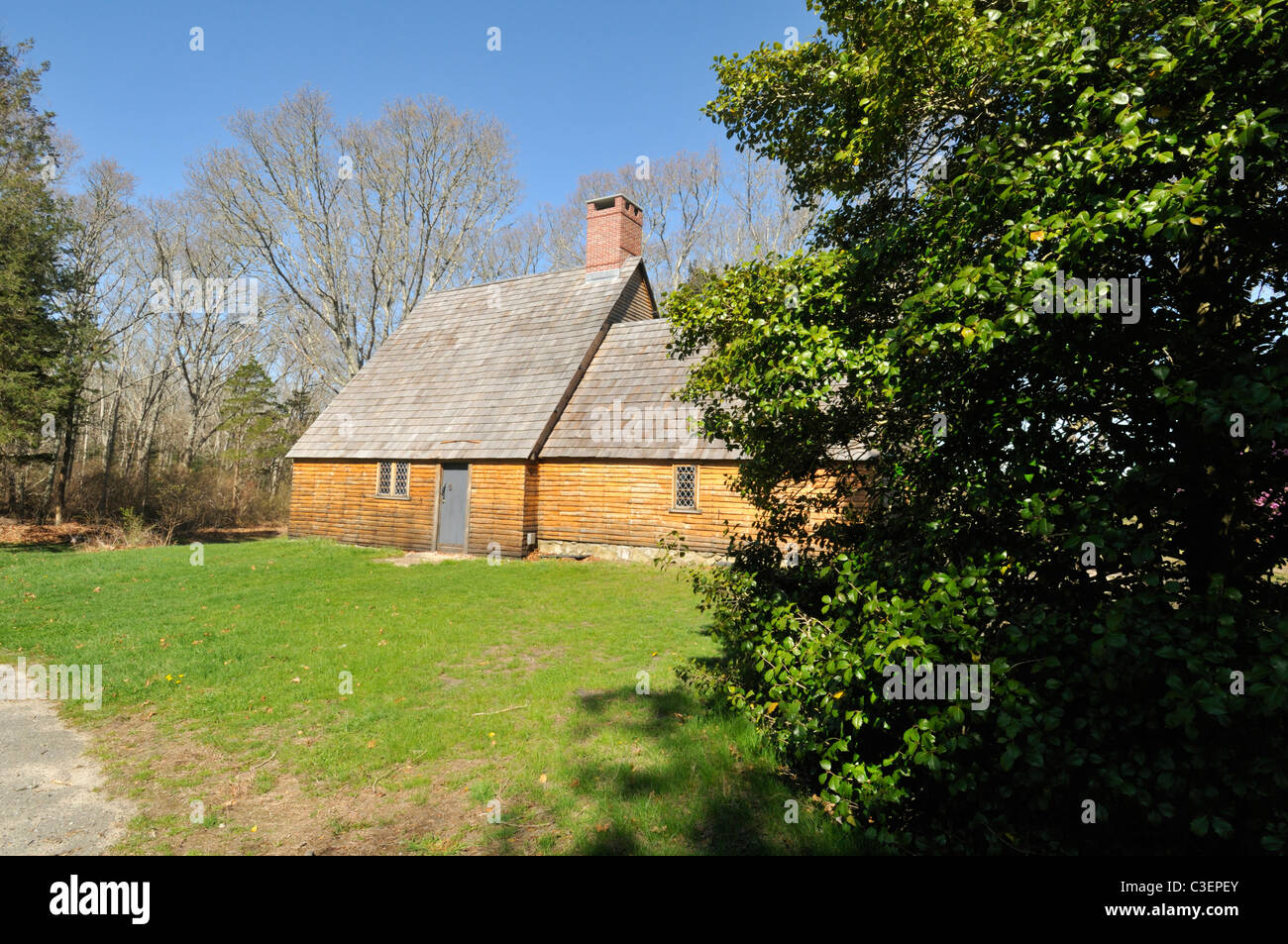 Historic Aptucxet trading post built by the Pilgrims for trading with the Wampanoag indians and the Dutch. Bourne, Cape Cod USA Stock Photo
