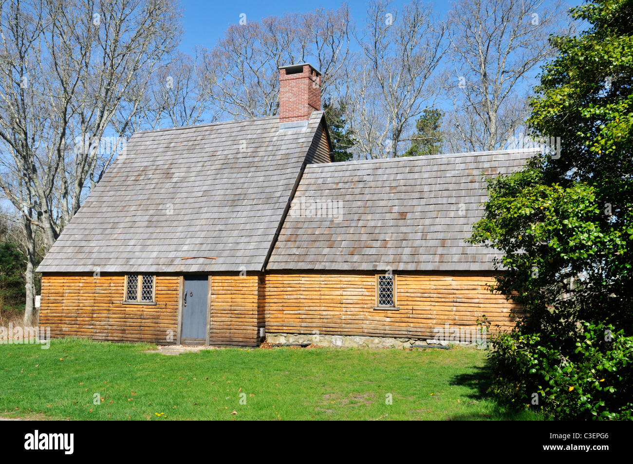 Historic Aptucxet trading post built by the Pilgrims for trading with the Wampanoag indians and the Dutch. Cape Cod USA Stock Photo