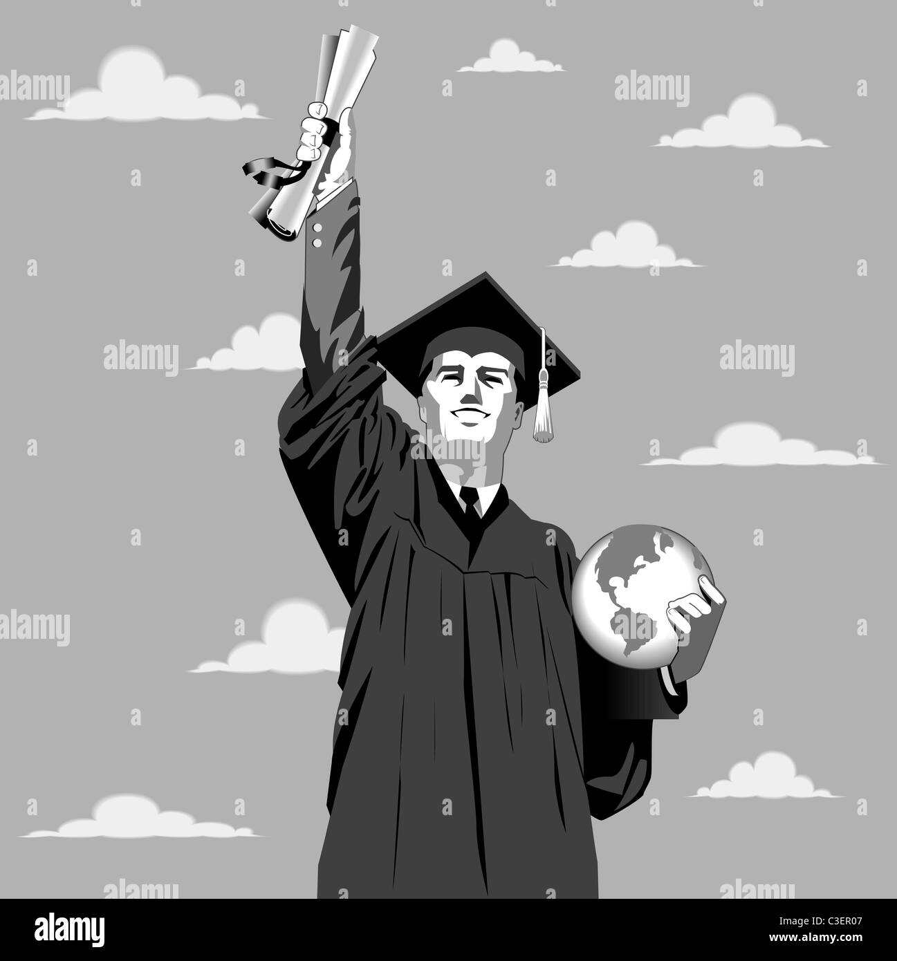 Vector illustration of a young man reaching for the sky with his certificate. Stock Photo