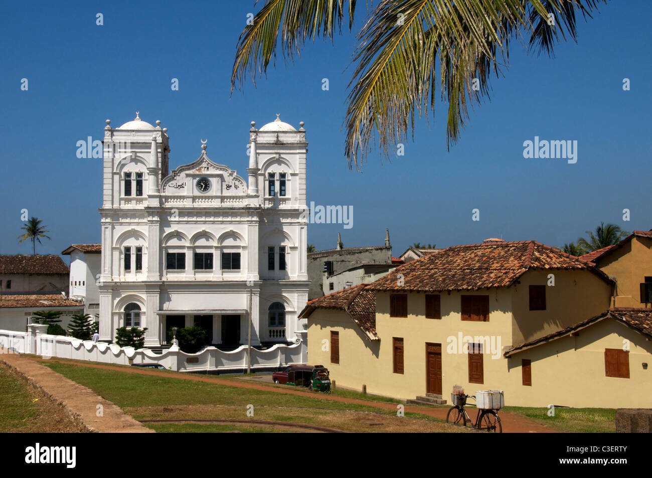 Facade Meeran Jumma Masjid and old Dutch houses Fort Galle Sri Lanka Stock Photo