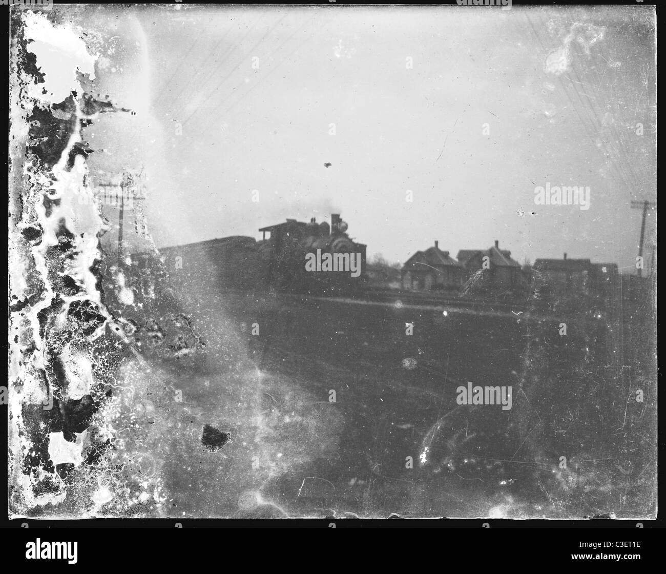 steam locomotive train rail way transportation scrated negative 1890s Stock Photo
