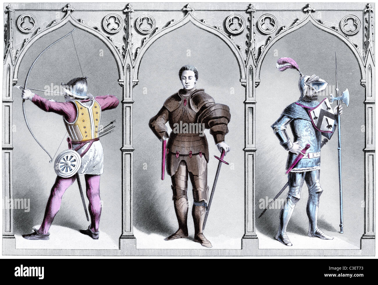 Military Costume of the Fifteenth Century (vintage engraving) Stock Photo