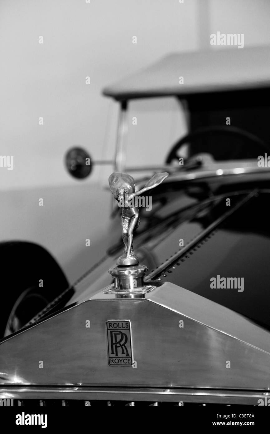 Black and white photograph of the 'Spirit of Ecstasy' emblem on a 1928 model Rolls-Royce Phantom in the  Franschhoek Motor Museum , South Africa. Stock Photo