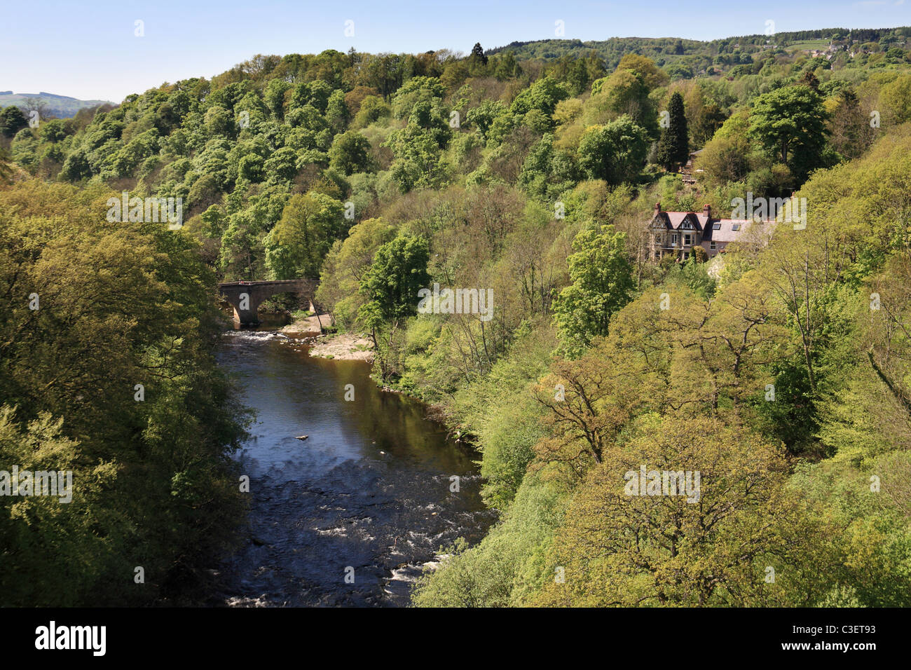 The valley of the River Dee seen from the Pontcysyllte Aqueduct carrying the Llangollen Canal, North Wales, UK Stock Photo