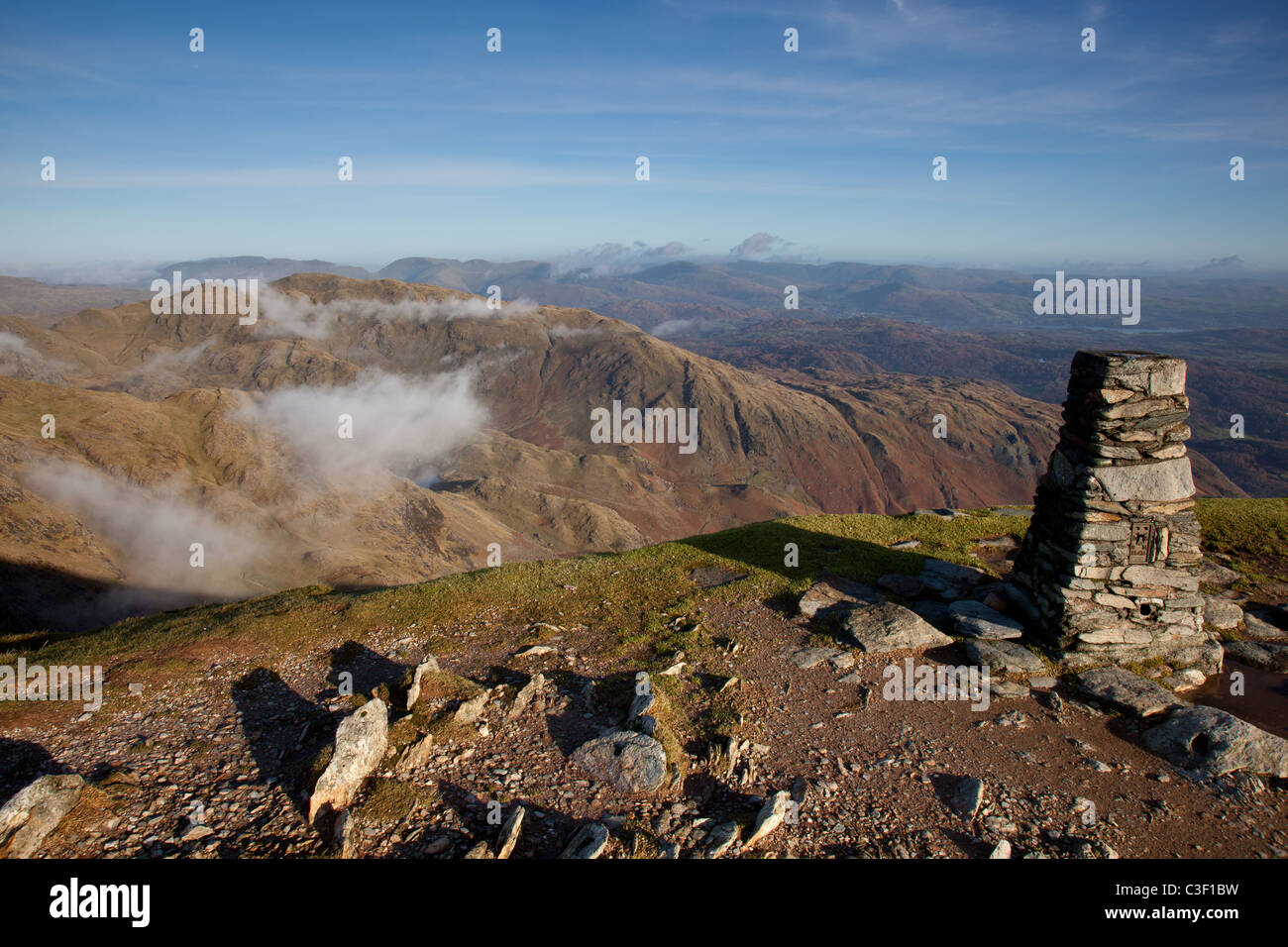 Low cloud near Wetherlam, as seen from the summit of the Old Man of Coniston, Lake District, Cumbria Stock Photo