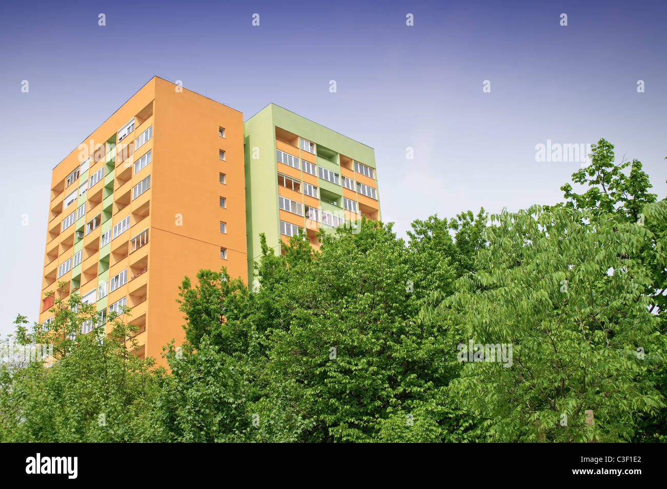 Block of flats with energy saving wall insulation Stock Photo