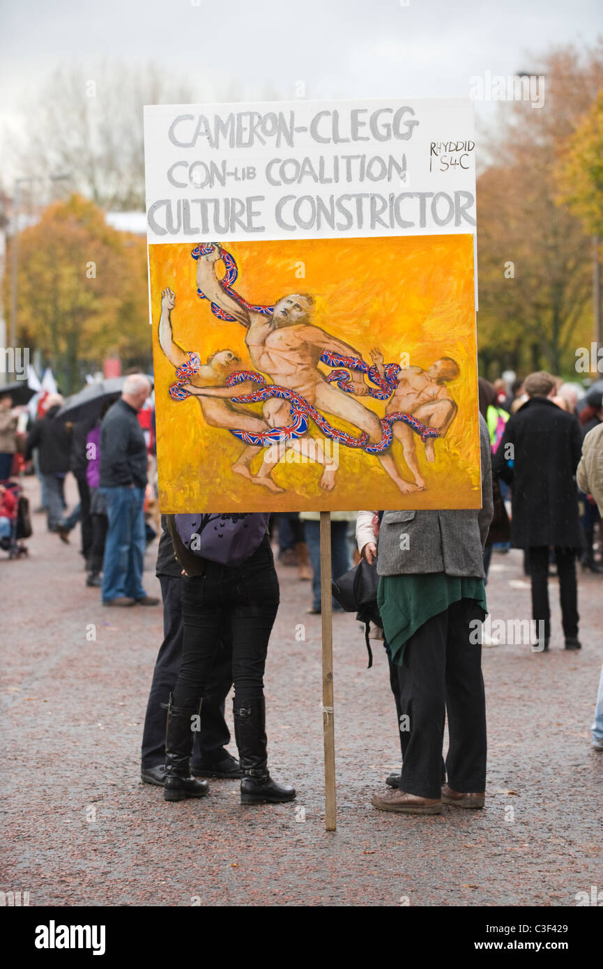 Artist Ivor Davies with an artwork placard he's made at S4C Rally