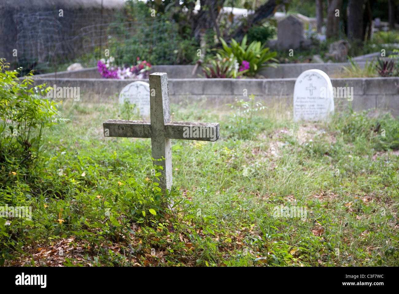 Stone cross in Antiguan Graveyard Stock Photo