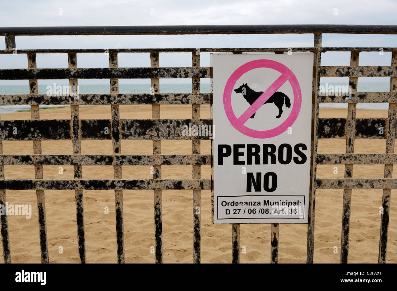 No Dogs sign on railings at a Spanish beach. La Mata, Torrevieja, Alicante, Spain. Stock Photo