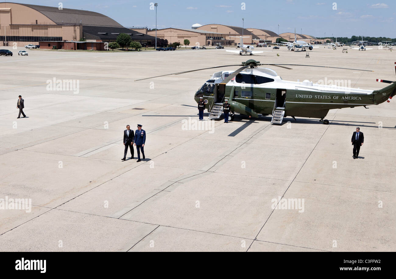 President Barack Obama departs Marine One after landing at Andrews Air Force Base for a trip to Warren, Michigan and St. Louis, Stock Photo