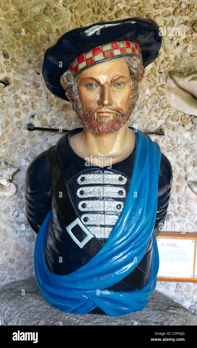 Figurehead of a chieftain salvaged from a Scilly Isles shipwreck in the Valhalla collection Tresco Abbey gardens Stock Photo