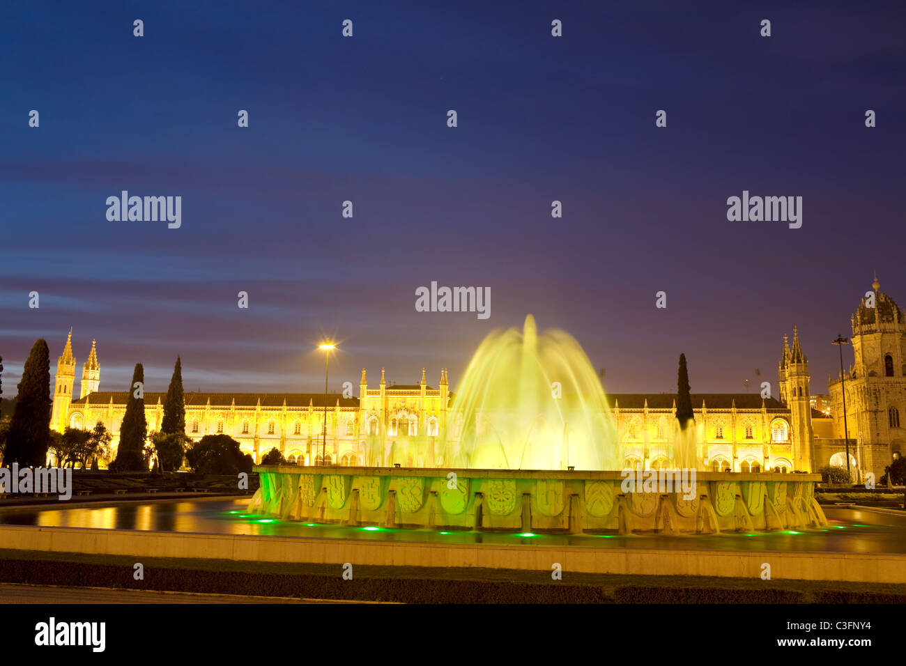 Jeronimos Monastery and fountain in Imperial Plaza, Belem, Lisbon, Portugal Stock Photo