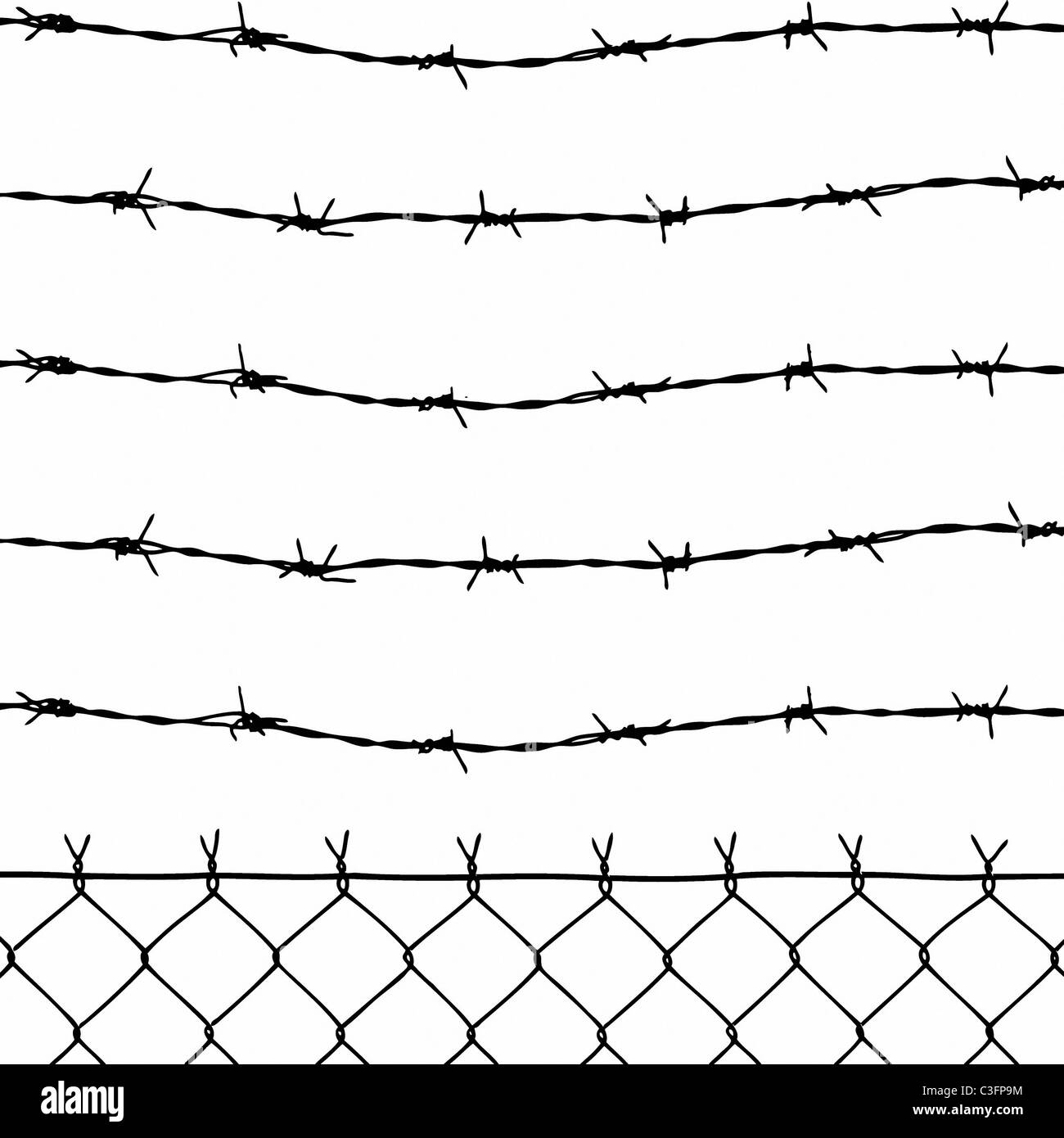 wired fence with five barbed wires isolated on white background Stock Photo