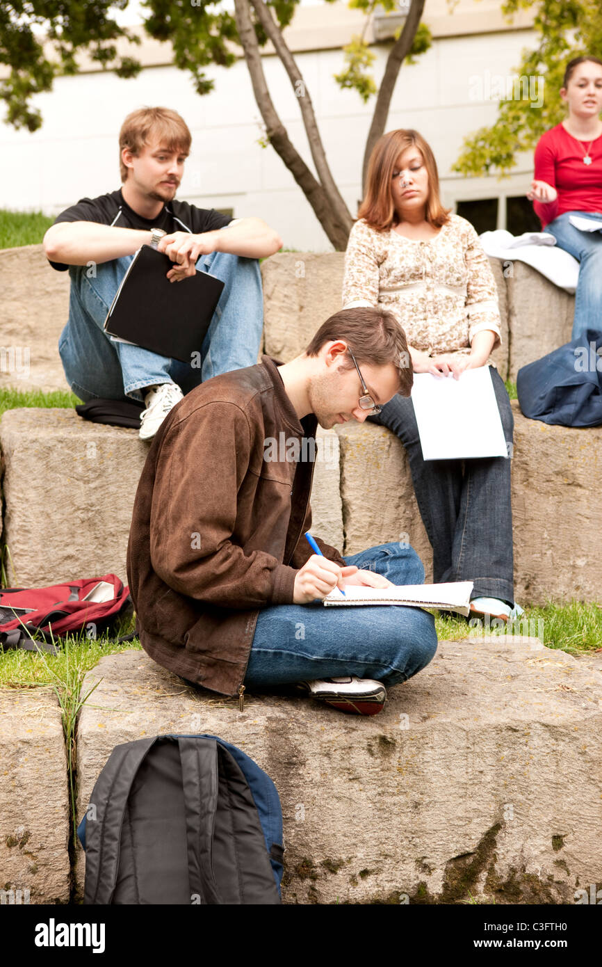 Students studying together outdoors Stock Photo
