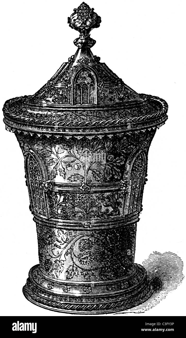 19th Century book illustration, taken from 9th edition (1875) of Encyclopaedia Britannica, of 15th century silver beaker Stock Photo