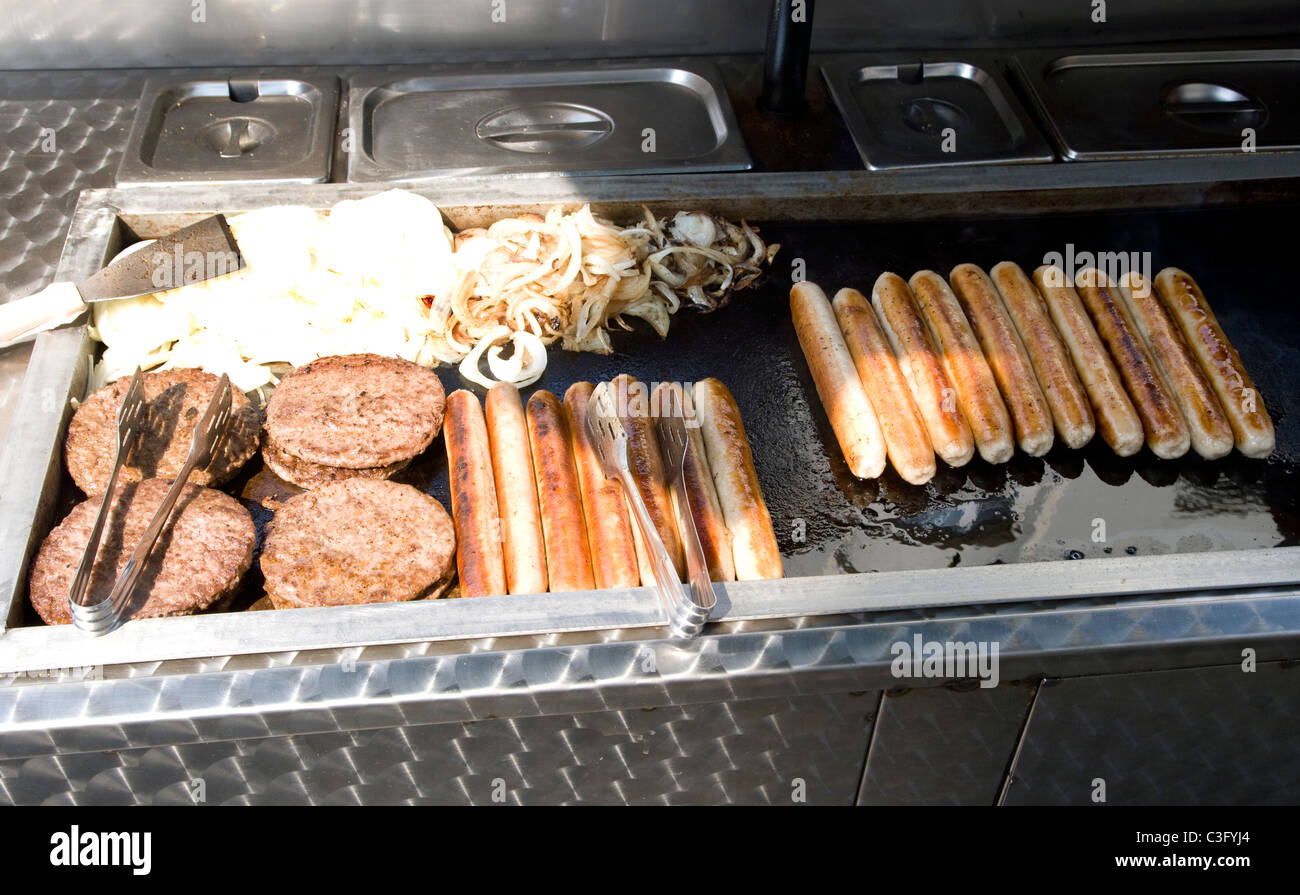 Burgers and Hot Dogs at a Street Vendor Stock Photo