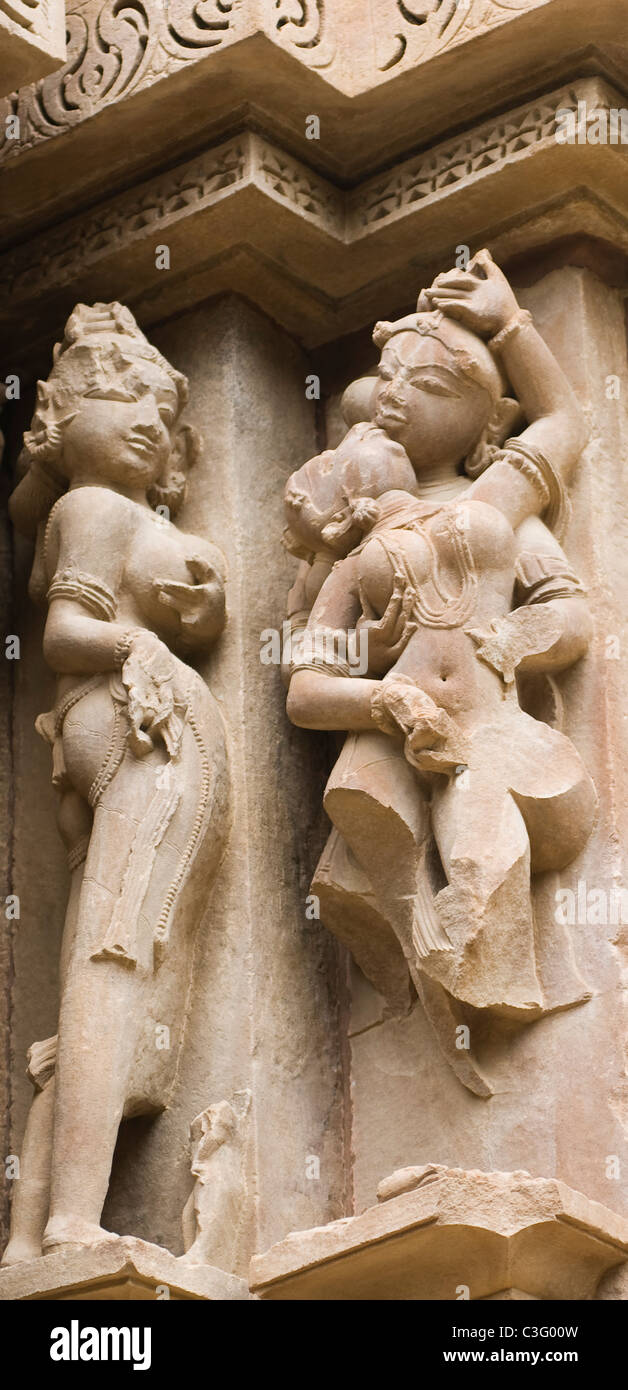 Sculptures detail of a temple, Kandariya Mahadeva Temple, Khajuraho, Chhatarpur District, Madhya Pradesh, India Stock Photo