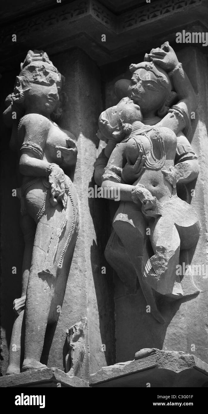 Sculptures detail of a temple, Khajuraho, Chhatarpur District, Madhya Pradesh, India Stock Photo