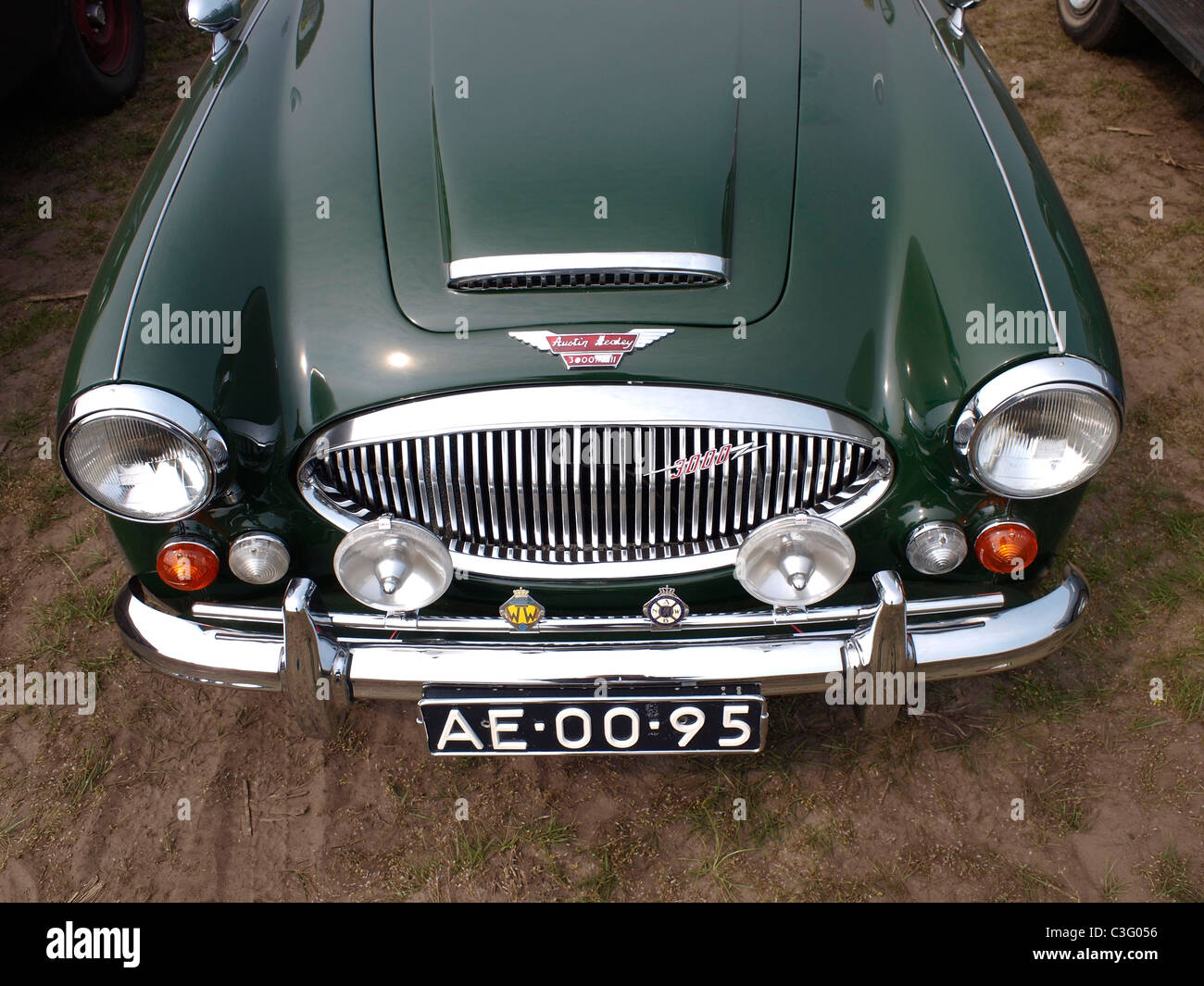 shiny Austin Healey 3000 mkIII front with Dutch oldtimer license plate. Stock Photo