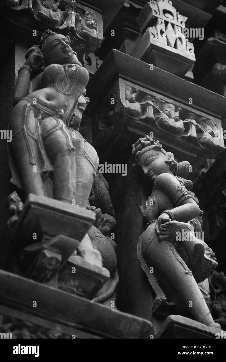 Sculptures detail of a temple, Khajuraho, Chhatarpur District, Madhya Pradesh, India Stock Photo