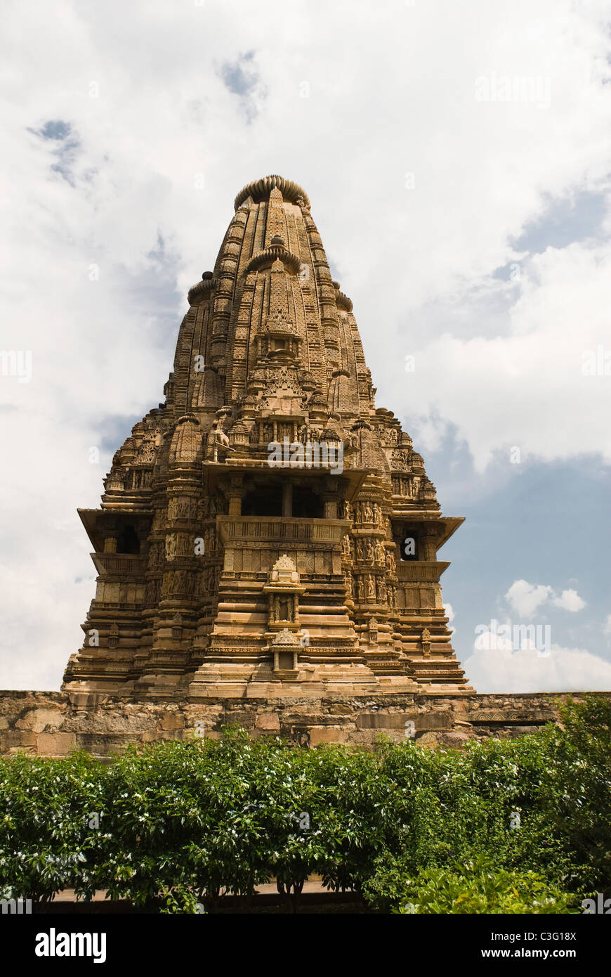 Low angle view of a temple, Khajuraho, Chhatarpur District, Madhya Pradesh, India Stock Photo