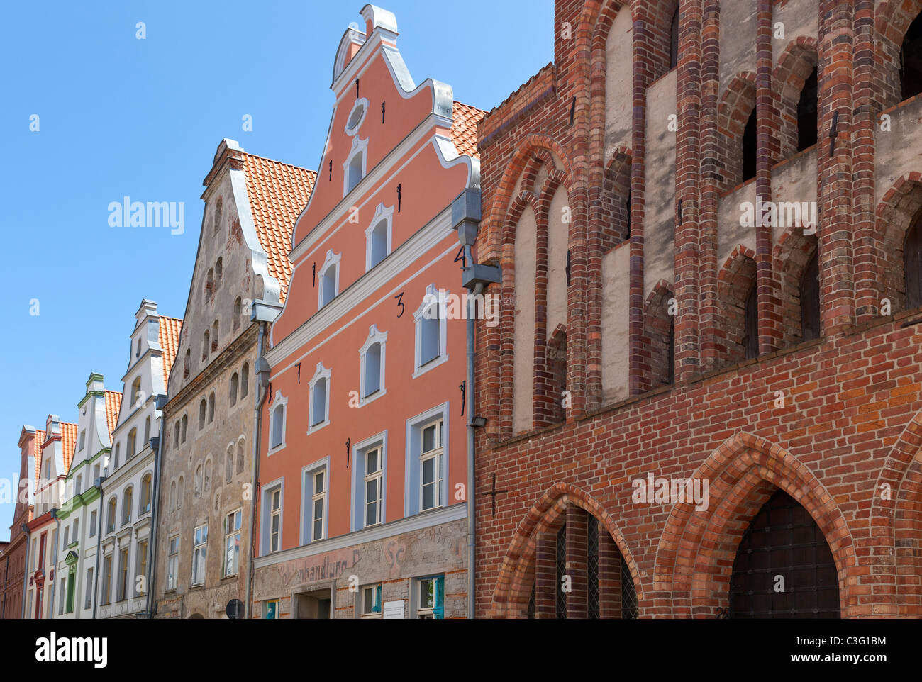 Gabled Houses on Frankenstrasse, Stralsund, Mecklenburg Vorpommern, Germany Stock Photo