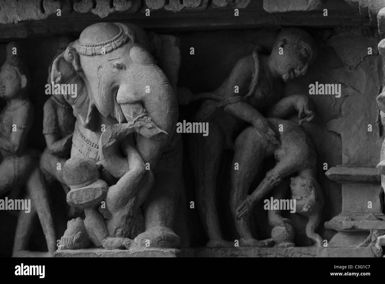 Sculptures detail of a temple, Khajuraho, Chhatarpur District, Madhya Pradesh, India Stock Photo