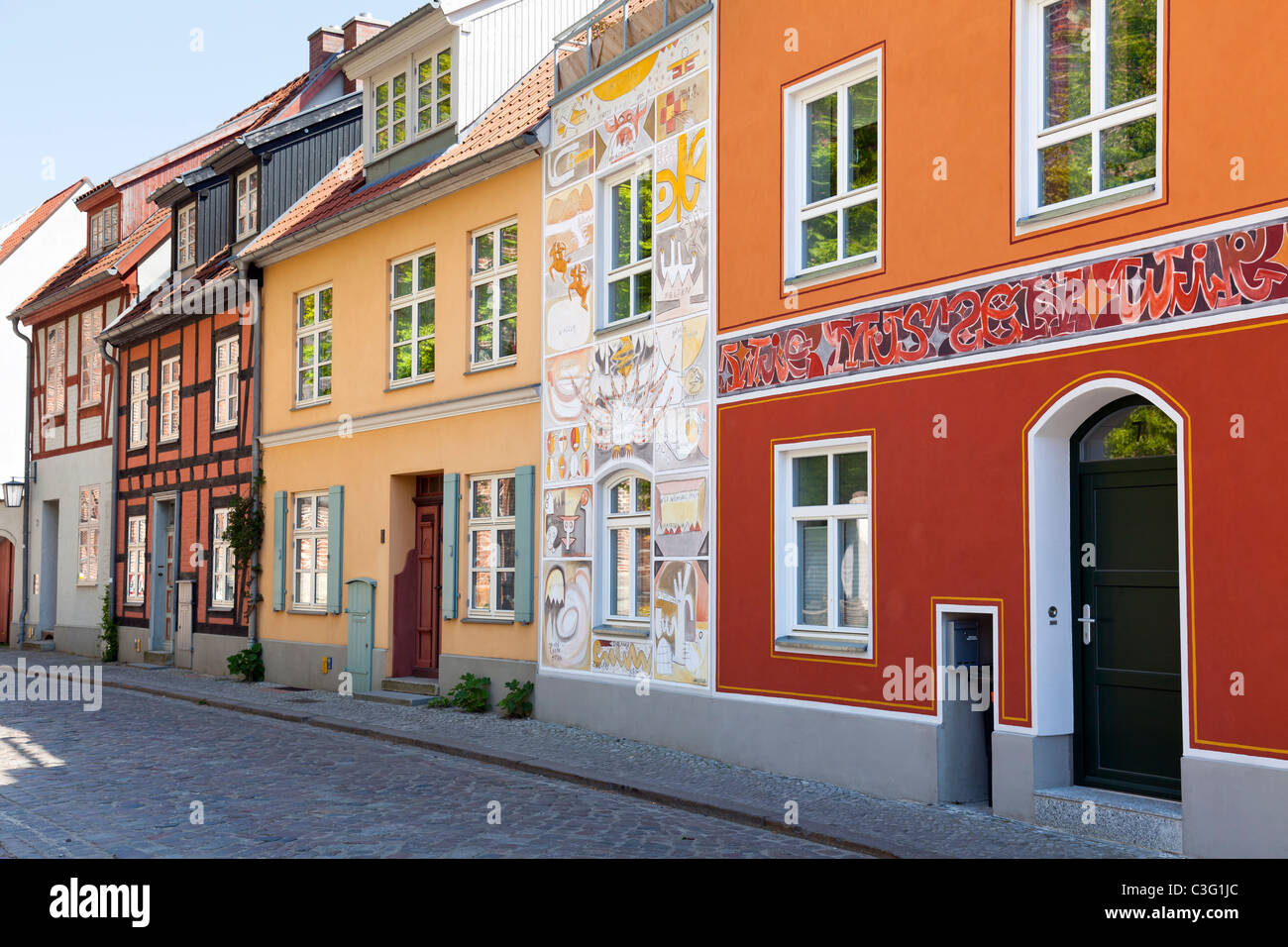 colourful old and new houses on Papenstrasse, Stralsund, Mecklenburg Vorpommern, Germany Stock Photo