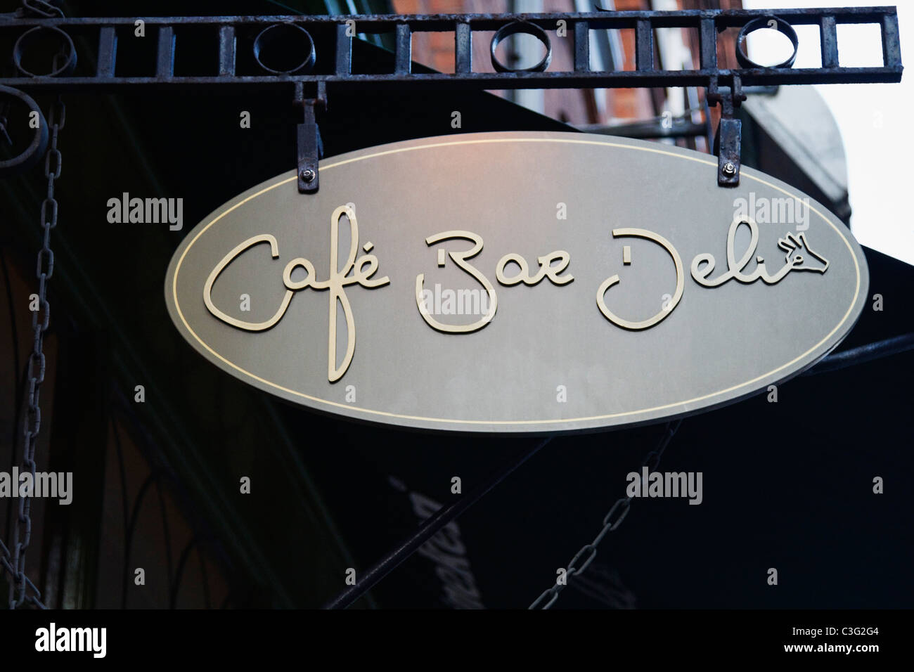 Low angle view of a signboard of a cafe, Cafe Bar Deli, Dublin, Republic of Ireland Stock Photo