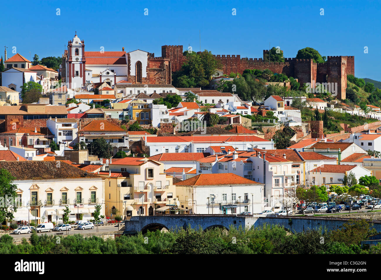 Silves, Algarve, Portugal. View of the town with the castle and Stock ...