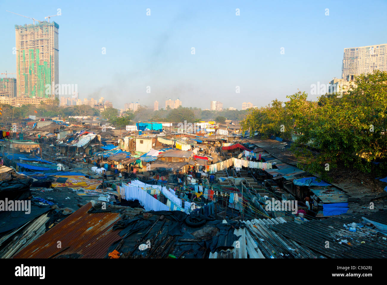 City slum rooftops in large city Stock Photo