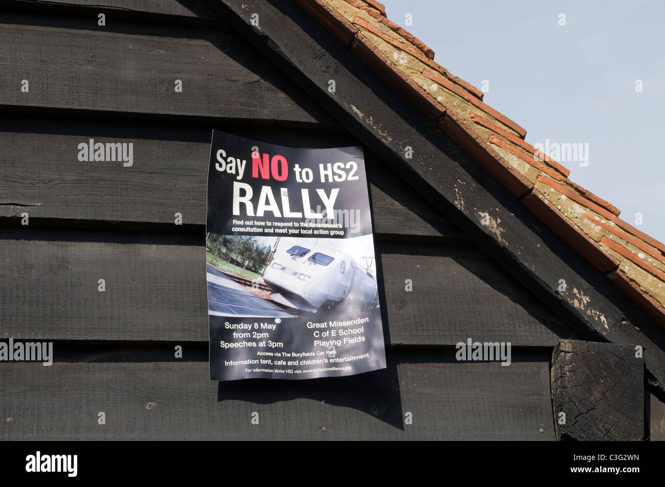say no to HS2 protest notice on the side of a wooden building in Little Missenden Bucks UK Stock Photo