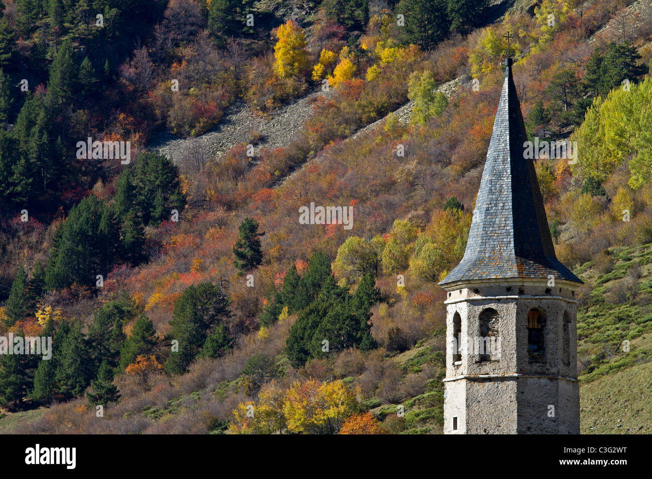 Autumn colors at Sanctuary of Montgarri, Valle de Aran, Spain Stock Photo