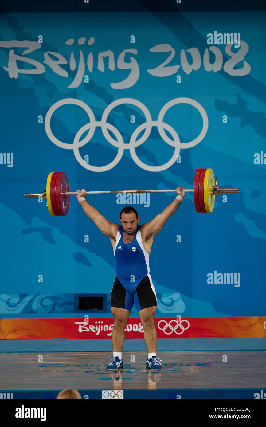 Anastasios Triantafyllou (GRE) competing in the Weightlifting 94kg class at the 2008 Olympic Summer Games, Beijing, China. Stock Photo