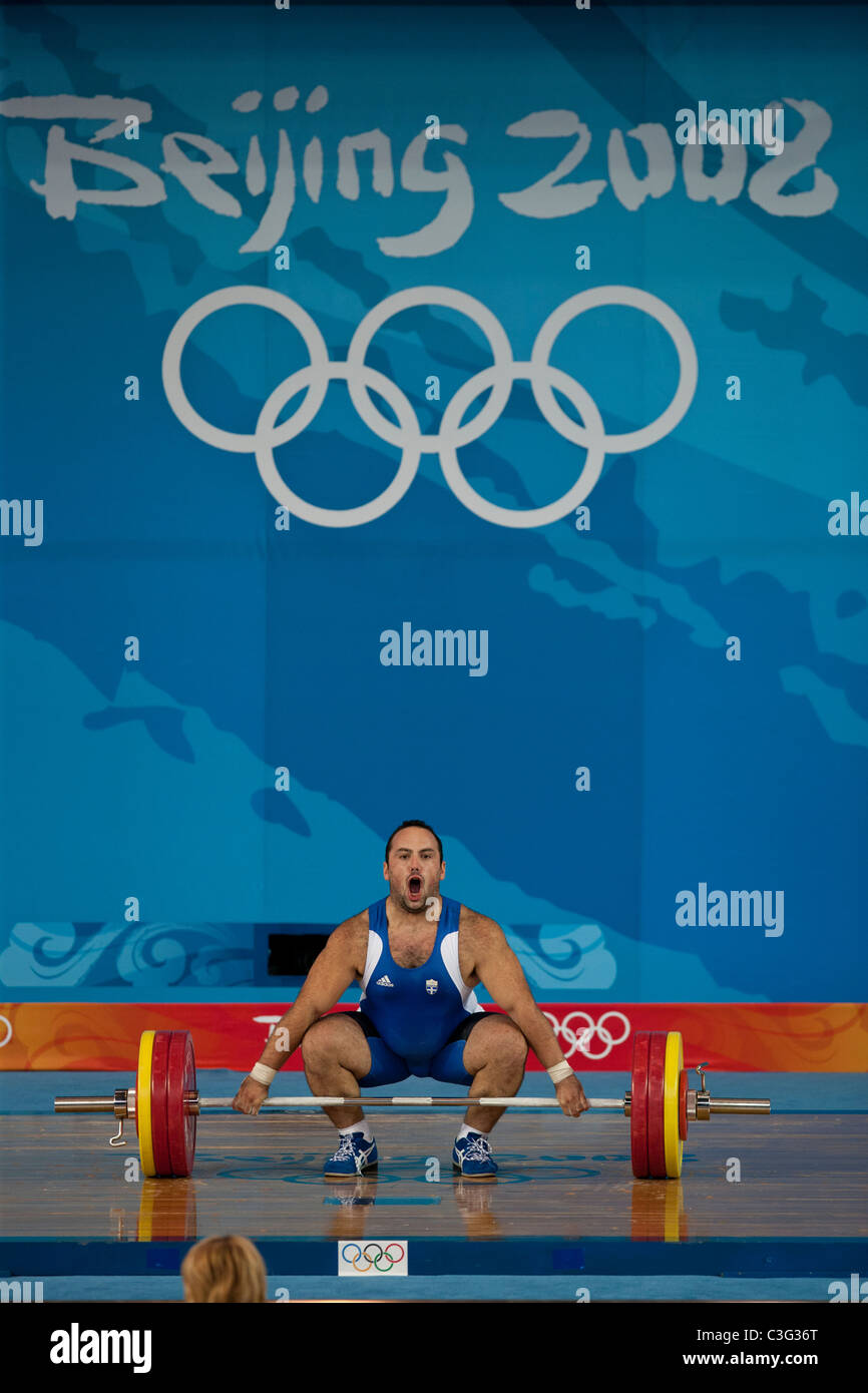 Anastasios Triantafyllou (GRE) competing in the Weightlifting 94kg class at the 2008 Olympic Summer Games, Beijing, China. Stock Photo