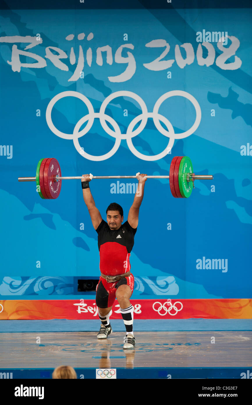 Ravi Bhollah (MRI) competing in the Weightlifting 94kg class at the 2008 Olympic Summer Games, Beijing, China. Stock Photo